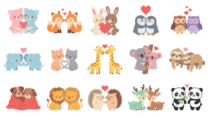 Naklejka premium Charming collection of cute cartoon animal couples celebrating love and romance for Valentine's Day, featuring bears, foxes, rabbits, pandas, and more in a sweet kawaii style