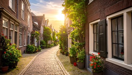 Fototapeta premium Narrow cobblestone street with red brick buildings and lush greenery under a warm, bright sunset sky