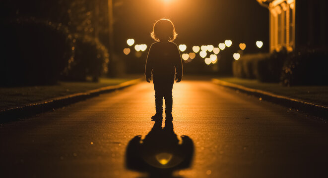 Dramatic silhouette of a small child standing alone on a dark street at night, backlit by a golden streetlamp glow and heart-shaped bokeh lights. Cinematic low light photography.