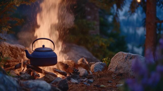 Cinematic outdoor scene of a steel kettle heating over a roaring campfire, sparks flying from burning logs, forest floor covered with pine needles, preparing hot drink during campi
