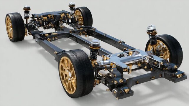 Cinematic side view of a car chassis with exposed drivetrain and suspension, high-resolution rendering, metallic reflections and bolts highlighted, plain minimal background for tec