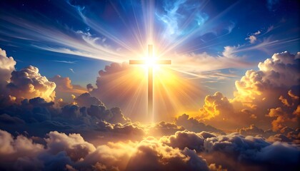 Radiant cross shining amid fluffy clouds and a bright, uplifting sky