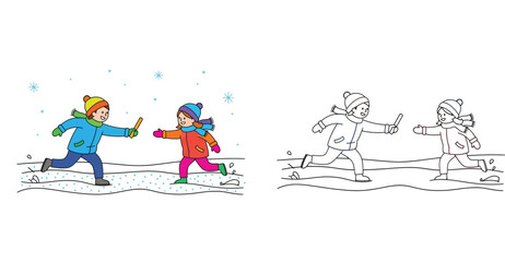 Happy children running winter relay race passing baton in snow with black and white coloring page outline vector illustration