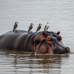 Large aquatic mammal floats in calm water with several small birds perched upon its back