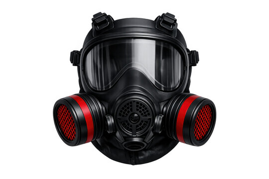 Gas mask featuring black body and red filter covers, providing essential breathing protection for safety, chemical, and biological threats
