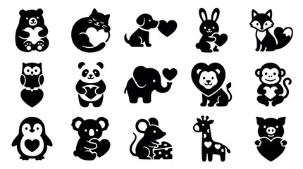 Fototapeta premium Set of cute black animal silhouettes with hearts, featuring a bear, cat, dog, panda, lion, and penguin in a simple, adorable icon style for Valentine's Day or romantic themes
