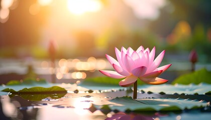 Radiant pink lotus bloom amidst lily pads, bathed in golden sunlight, reflection on water's surface