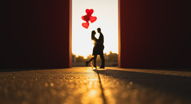 Passionate couple silhouette embracing at golden hour sunset, framed by doorway and heart balloons. Romantic low-angle view symbolizing true love and Valentine's Day.