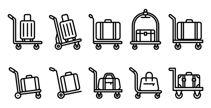 Luggage trolley and suitcase line art icon set showing various baggage carts and travel bags for airport or hotel services in a minimalist black outline graphic style