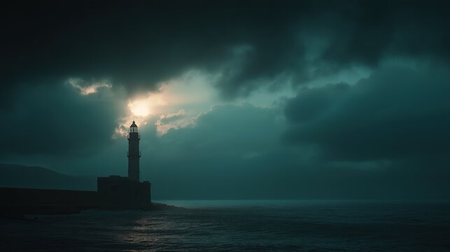 A lighthouse shining in the dark sky above the dark sea under cloudy weather, a coastal landscape and navigation concept