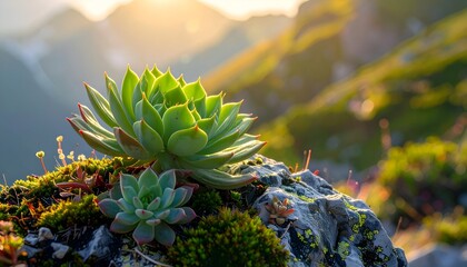 Radiant succulent pair atop mossy rock, sunlight bathing rugged mountain backdrop in warm glow