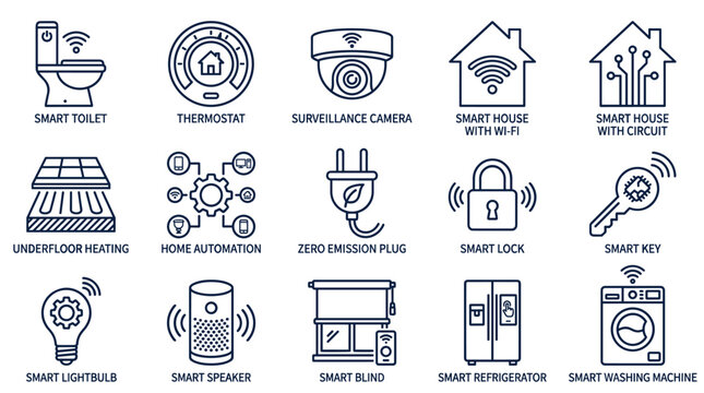 Smart home technology and home automation icons featuring a thermostat, camera, lock, and appliances in a clean, minimalist line art style for modern digital concepts