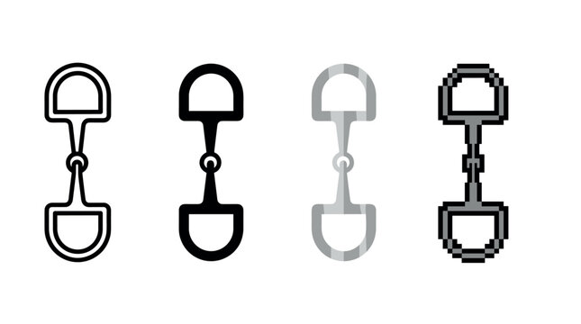 Horse snaffle bit icon set showing four different graphic design styles including outline, silhouette, flat color, and pixel art for equestrian and equine concepts