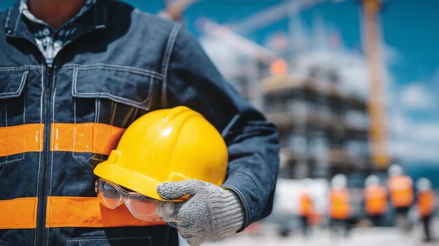 Close-up of a construction worker&rsquo;s hand gripping a yellow hard hat and safety glasses, sunlight glinting off helmet surface, blurred construction site in background, industrial sa