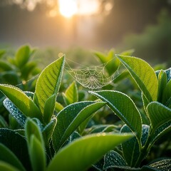 Intricate spiderweb adorned with glistening dew catches morning sunlight between vibrant green foliage.