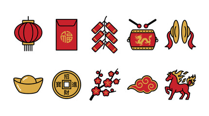 Collection of traditional Chinese New Year icons including a lantern, red envelope, firecrackers, drum, and gold ingot in a flat, colorful line art illustration style for celebration