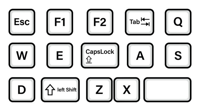 Collection of computer keyboard keys including WASD, Shift, and function keys in a clean, minimalist vector illustration style for technology and gaming concepts