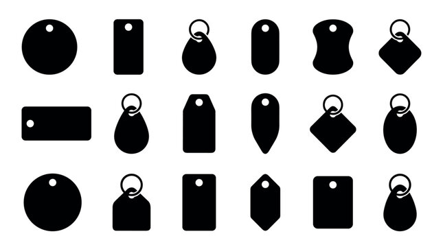 Collection of black silhouette price tags and keychains in various geometric and organic shapes, presented as a simple graphic icon set for retail or identification concepts
