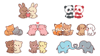 Obraz premium Cute collection of cartoon animal couples celebrating love with hugs and kisses, including pandas, rabbits, cats, and elephants in a sweet kawaii illustration style