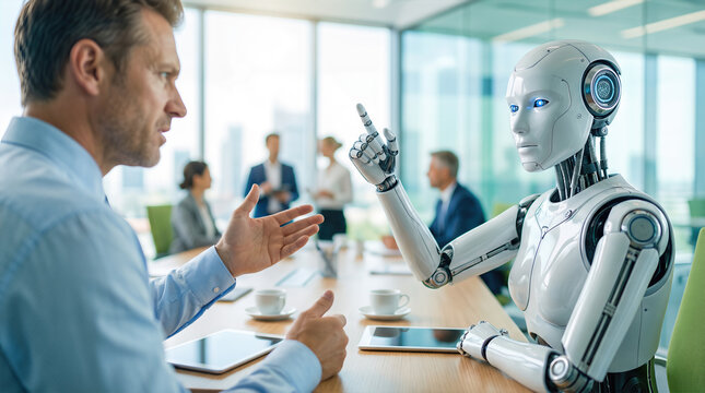 Businessman in discussion with humanoid robot during office meeting. Professional collaboration between human and artificial intelligence technology demonstrates future workplace integration