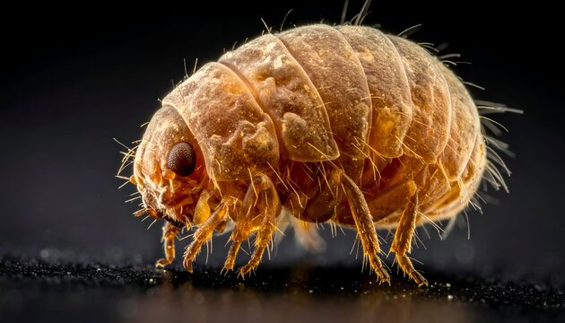 Pill bug macro view. A segmented tan pill bug against a dark backdrop, showing detail and depth of field