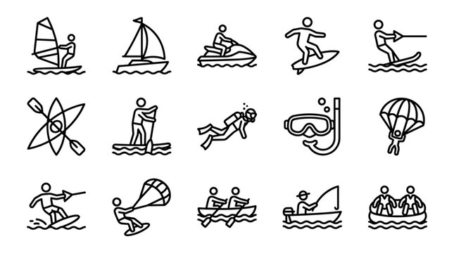 Set of black line art icons for water sports and summer activities, featuring pictograms for surfing, sailing, kayaking, diving, jet skiing, fishing, and parasailing