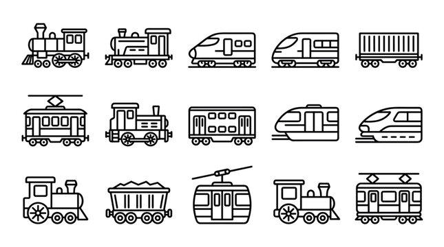 Collection of black line art train icons featuring various railway vehicles from steam locomotives to modern bullet trains and trams, presented in a simple minimalist vector style