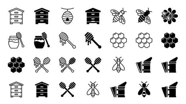 Large set of beekeeping and honey icons in both black line art and solid glyph styles, featuring illustrations of a beehive, bee, honeycomb, honey jar, dipper, and a bee smoker