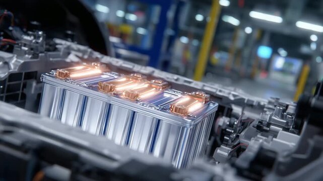 Close-up of modular lithium battery cells inside electric vehicle, metallic casing and connected busbars, studio lighting emphasizing advanced energy storage technology