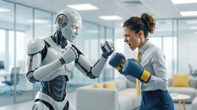 Businesswoman with boxing gloves confronting humanoid robot in office. Ai versus human conflict, technology competition, and workplace automation. Artificial intelligence disruption and employment