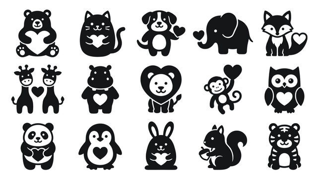 Set of cute black animal icons holding hearts, a charming and lovely collection for romantic or children's designs including a bear, cat, dog, elephant, and fox
