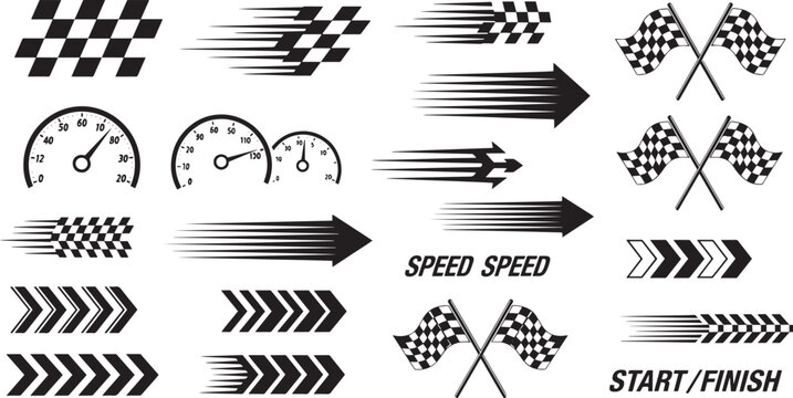 Racing speed elements vector set: checkered flags, arrows, speedometer, motion lines, start finish line isolated on white