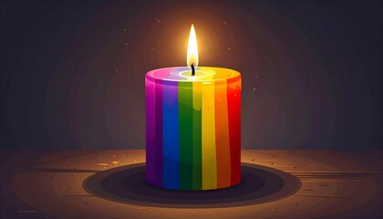Rainbow-striped candle burning brightly on a wooden surface, with a dark background and warm glow
