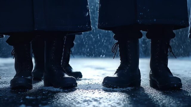 The dark, low-angle view captures soldiers standing in black boots on wet, snowy ground.