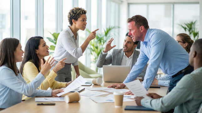 Business team experiencing heated conflict and disagreement during corporate office meeting. Workplace dispute with colleagues engaged in tense argument and confrontational discussion.