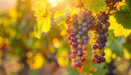 Fototapeta premium Ripe grapes hang from a vine with vibrant leaves, bathed in the warm glow of golden sunlight
