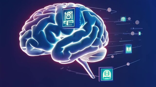 Glowing brain with connected data cubes against a dark gradient backdrop
