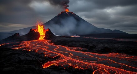Fiery molten rock flows from an erupting mountain under a dark, cloudy sky