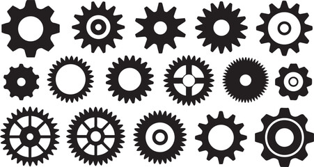Gear icon vector set, black cogwheel vector collection, mechanical gear shapes, engineering symbols, industrial machinery, sprocket designs, abstract gearwheel graphics
