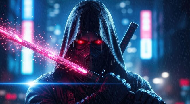 Hooded figure wielding neon katana in vibrant city