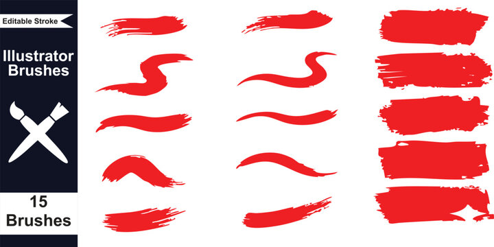 Red paint brush strokes, vector Illustrator brushes, for graphic design or digital art, isolated on transparent background, png