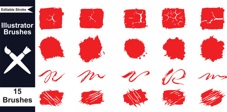 Red paintbrush strokes and textures, vector Illustrator brushes set, for graphic design or digital art, isolated on transparent background, png