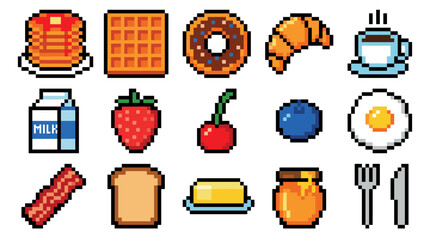 Pixel art breakfast food and drink icons featuring pancakes, waffles, eggs, bacon, fruit, and coffee in a classic 8-bit video game graphic style collection