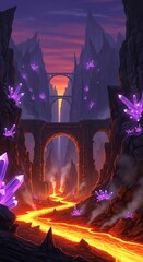 Fantasy cavern landscape features glowing purple crystals and a winding river of bright lava under sunset sky