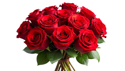 Obraz premium Beautiful bouquet of red roses on a transparent background, perfect for Valentine’s Day designs, romantic cards, floral illustrations, and love-themed projects.