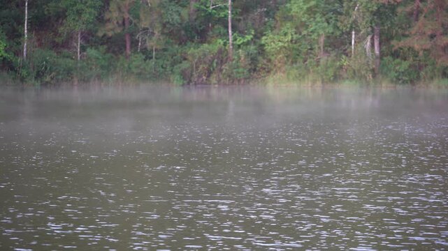 Pang Ung in Pang Tong Reservoir has cool mist for fog floating above the lake or river water in the mornings at Tham Pla National Park Pha Suea Waterfall Mae Hong Son to unseen in Amazon Asia Thailand