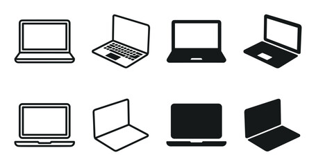 Set of black laptop computer icons in various minimalist styles including line art and solid silhouette shapes shown from front and isometric perspectives