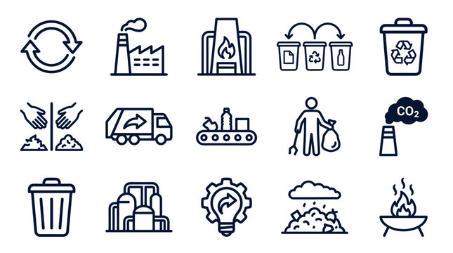 Set of recycling and pollution line icons illustrating waste management, factory emissions, sorting bins, garbage trucks, and landfill concepts for environmental awareness