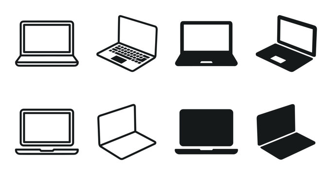 Set of black laptop computer icons in various minimalist styles including line art and solid silhouette shapes shown from front and isometric perspectives