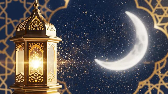 Golden lantern shines bright under crescent moon with starry night sky and decorative patterns